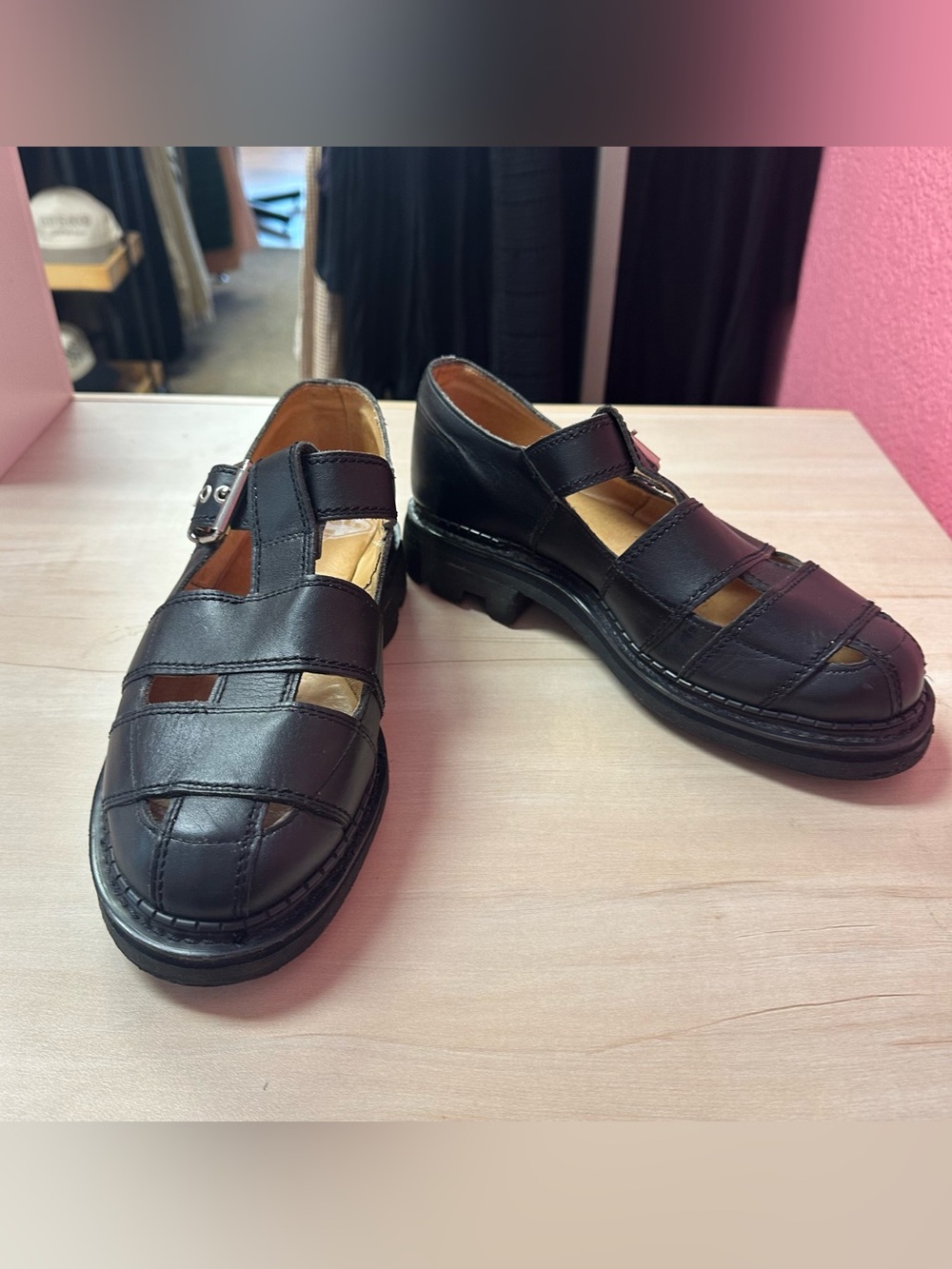 John Fluevog Men's Black Leather Fisherman Sandal - Classic Strap Closure